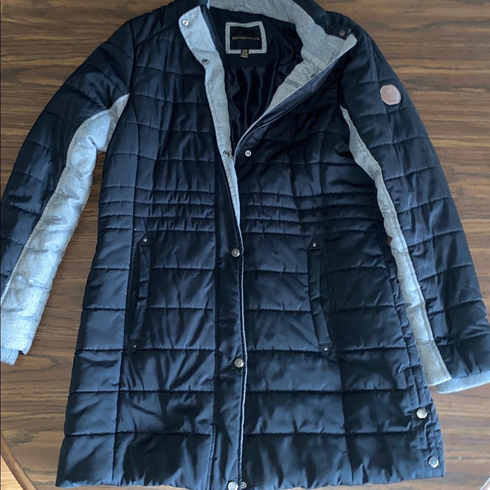 Weatherproof Black Quilted Long Coat with Gray Trim